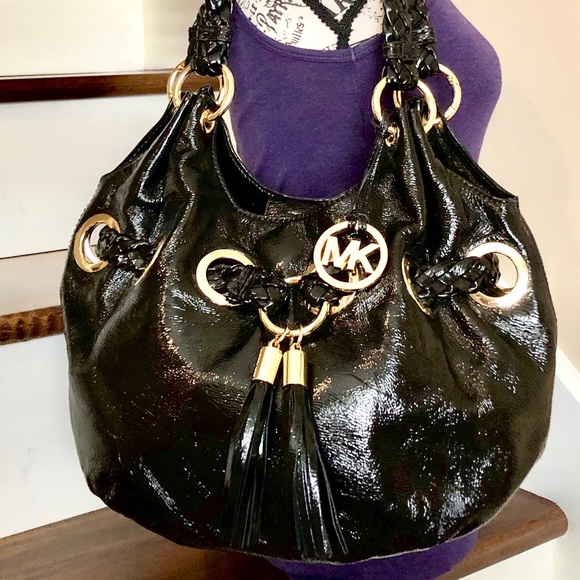 Michael Kors Braided Black Crinkle Leather Structured Top Handles Shoulder Bag - Picture 1 of 8